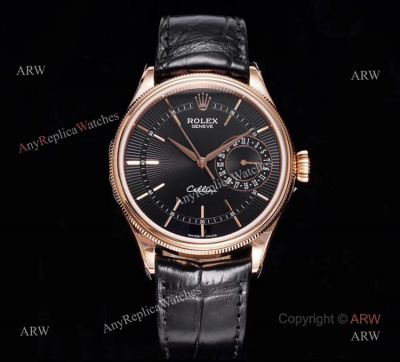 GM Factory Replica Rolex Cellini Date Black Dial Black Leather Strap Watch 